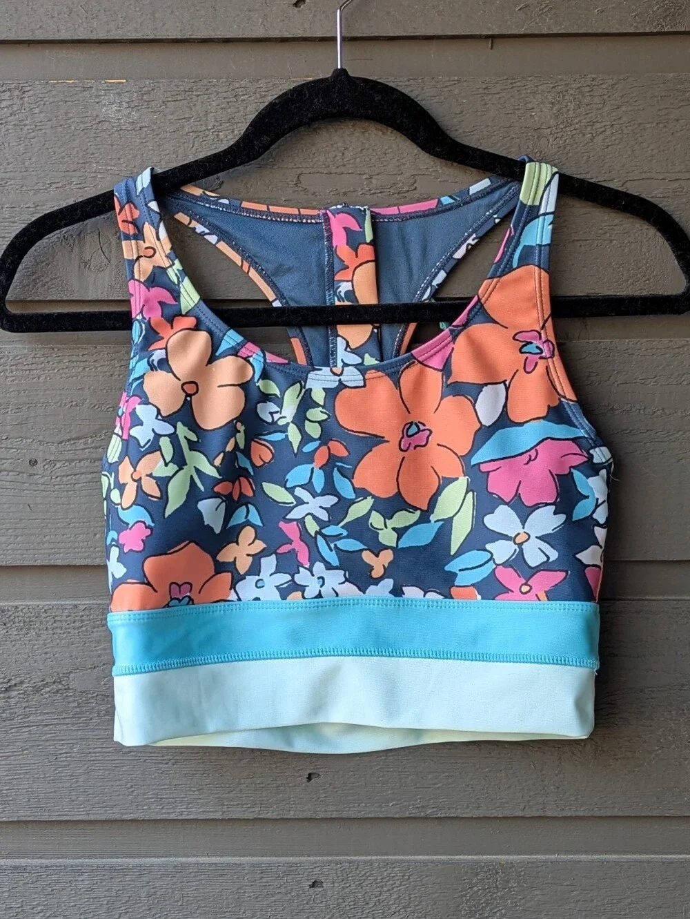 Nani Swimwear Floral Cut Back Crop Size Medium Blue Orange Pink Scoop Neck